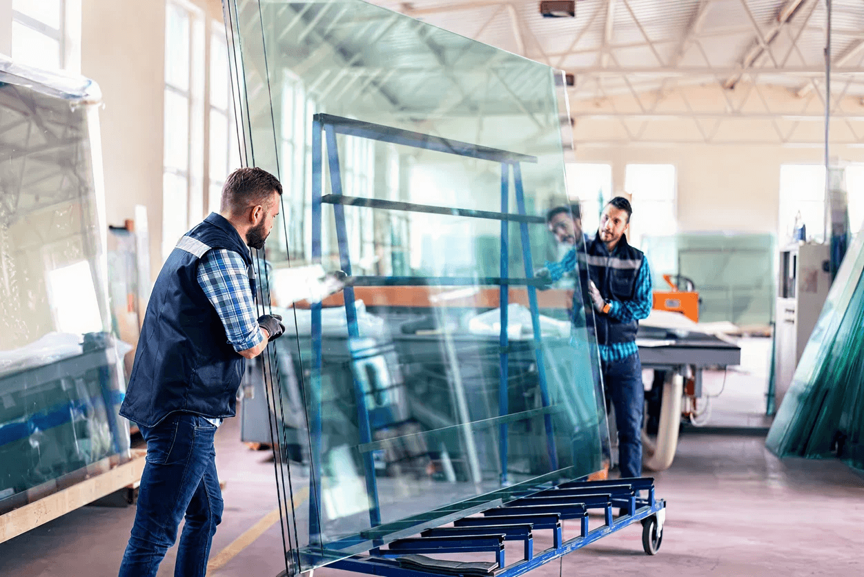 Workers handling large glass panels in a warehouse